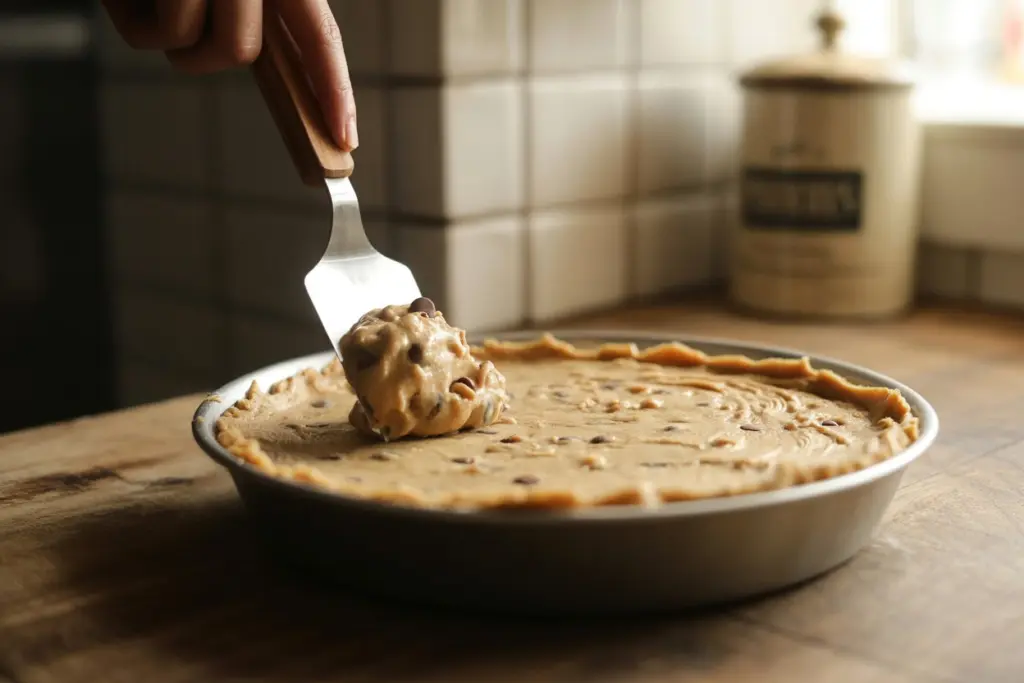  Spreading cookie dough in round pan