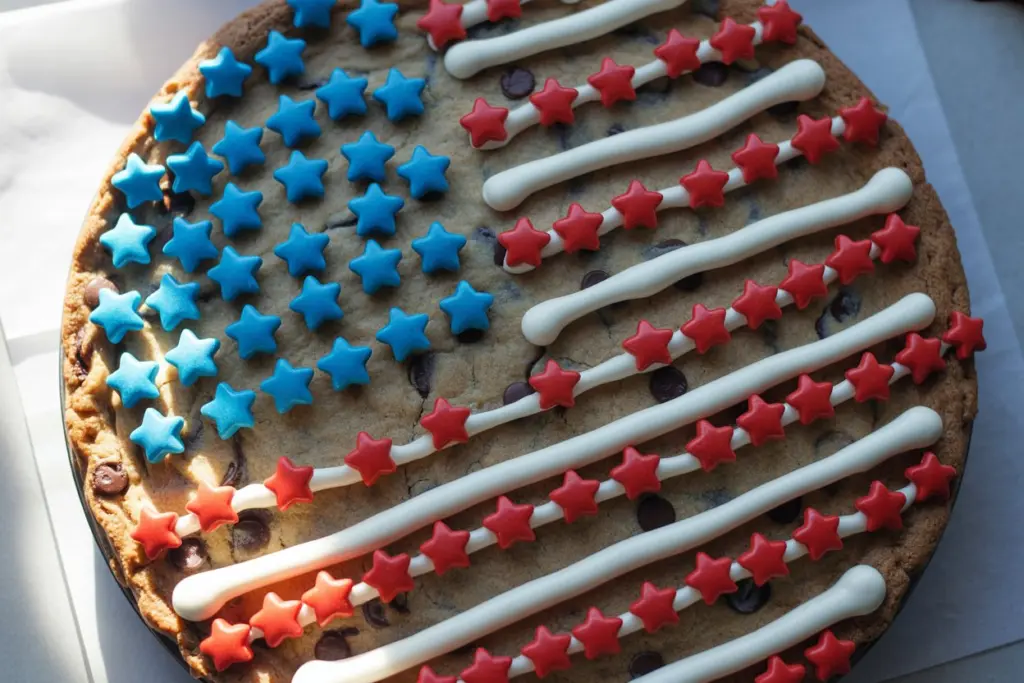 Decorating cookie pie with patriotic toppings