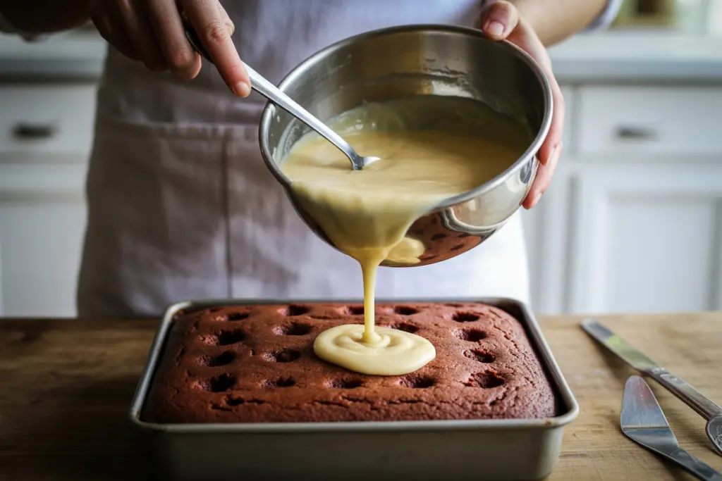 Red Velvet Poke Cake: The Ultimate Moist & Dreamy Dessert 5 Pouring pudding into poked red velvet cake