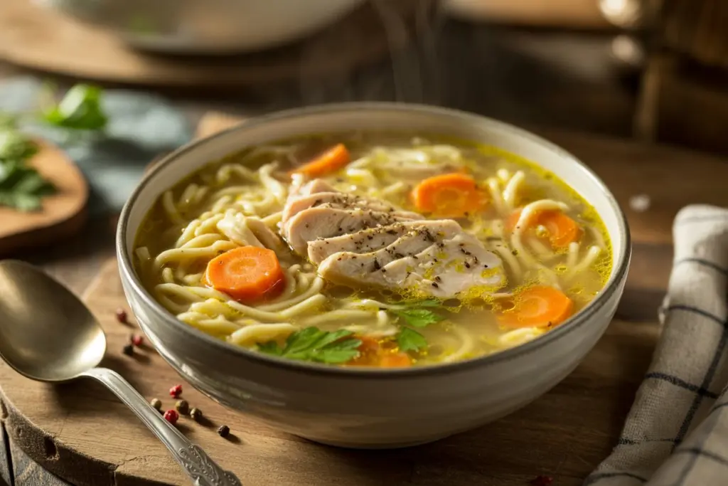 serving homemade chicken noodle soup with bread