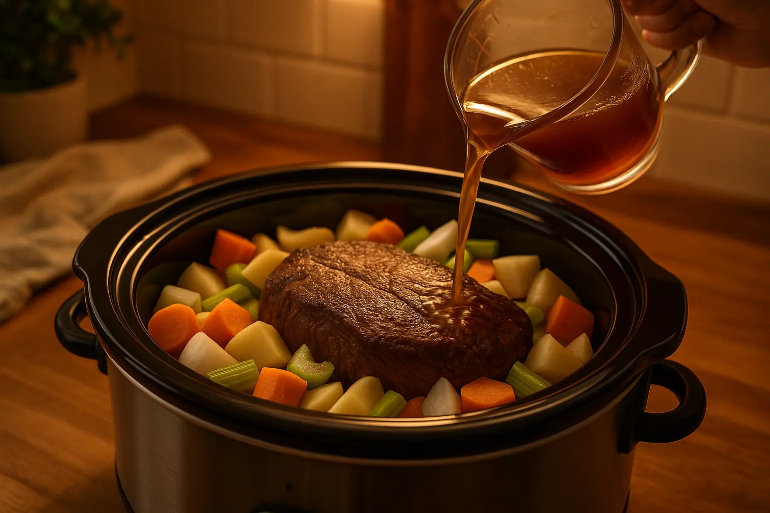 Adding broth and vegetables to slow cooker