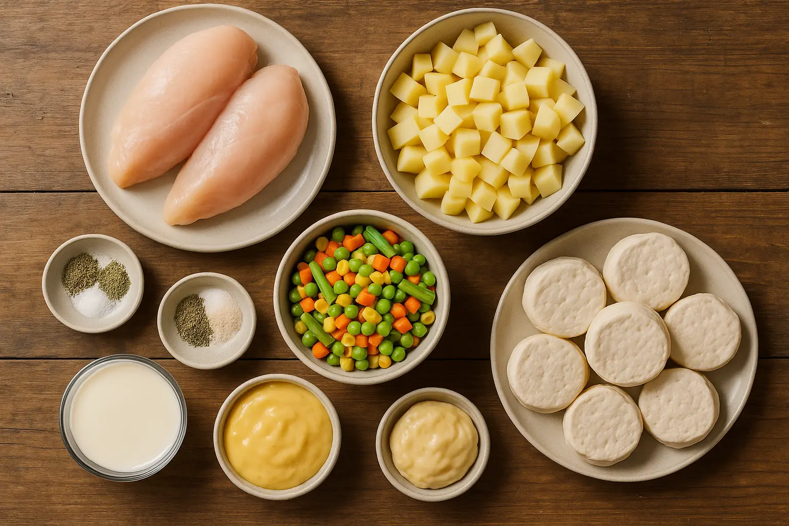chicken-pot-pie-crock-pot-ingredients.jpg Ingredients for chicken pot pie crock pot laid out on table