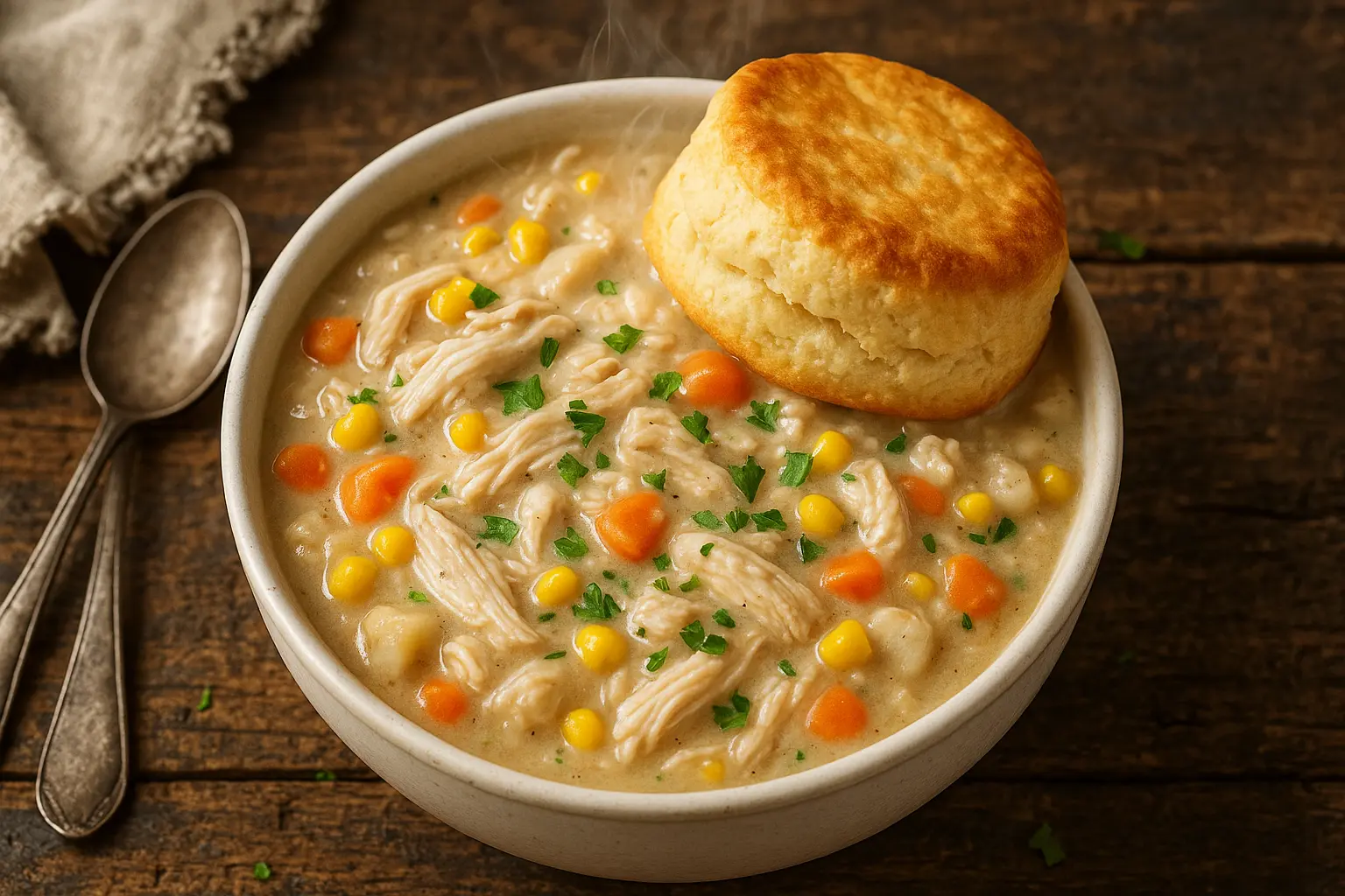chicken-pot-pie-crock-pot-serving.jpg Bowl of chicken pot pie crock pot topped with biscuit