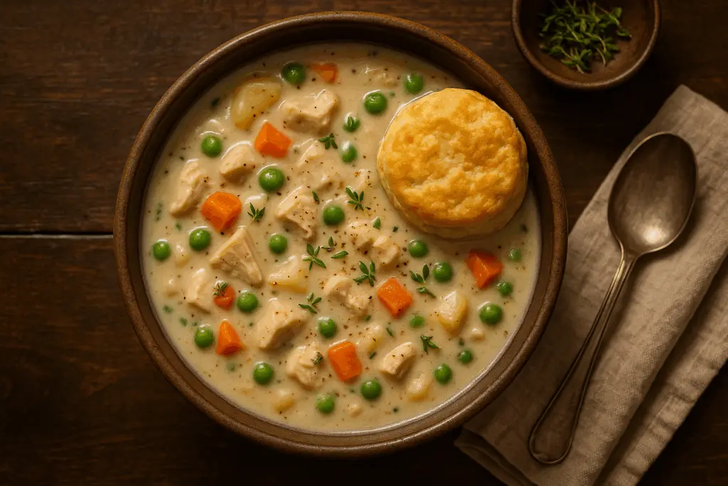 creamy chicken pot pie soup served in a rustic bowl with biscuit