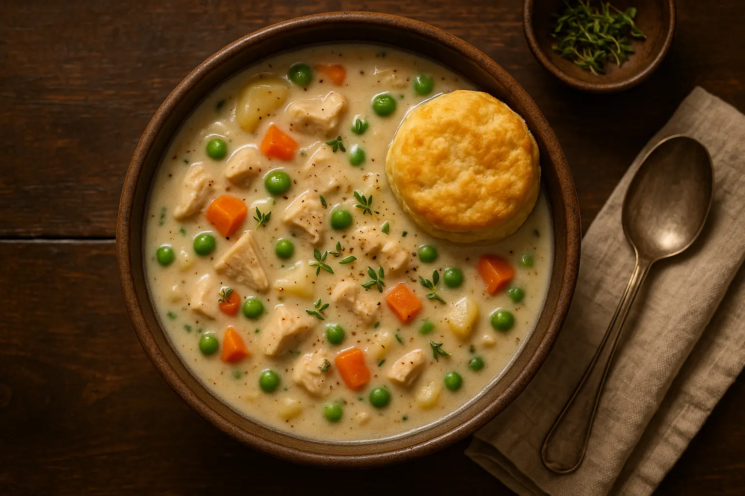 creamy-chicken-pot-pie-soup-serving.jpg creamy chicken pot pie soup served in a rustic bowl with biscuit