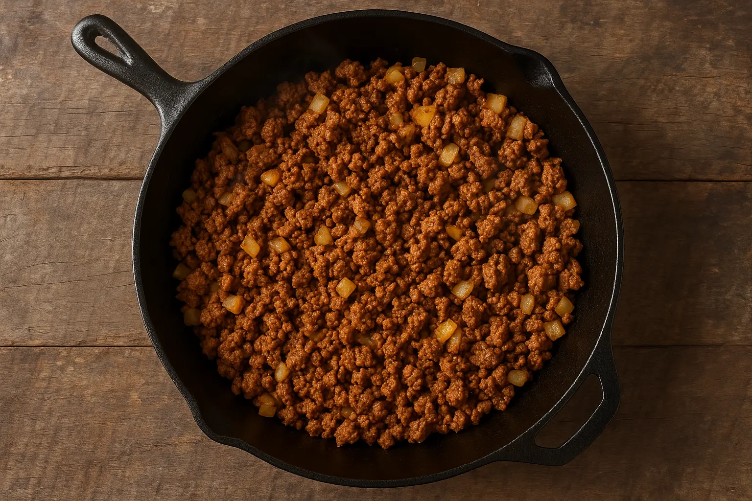 ground-beef-seasoned-for-tater-tot-casserole Taco-seasoned ground beef in skillet