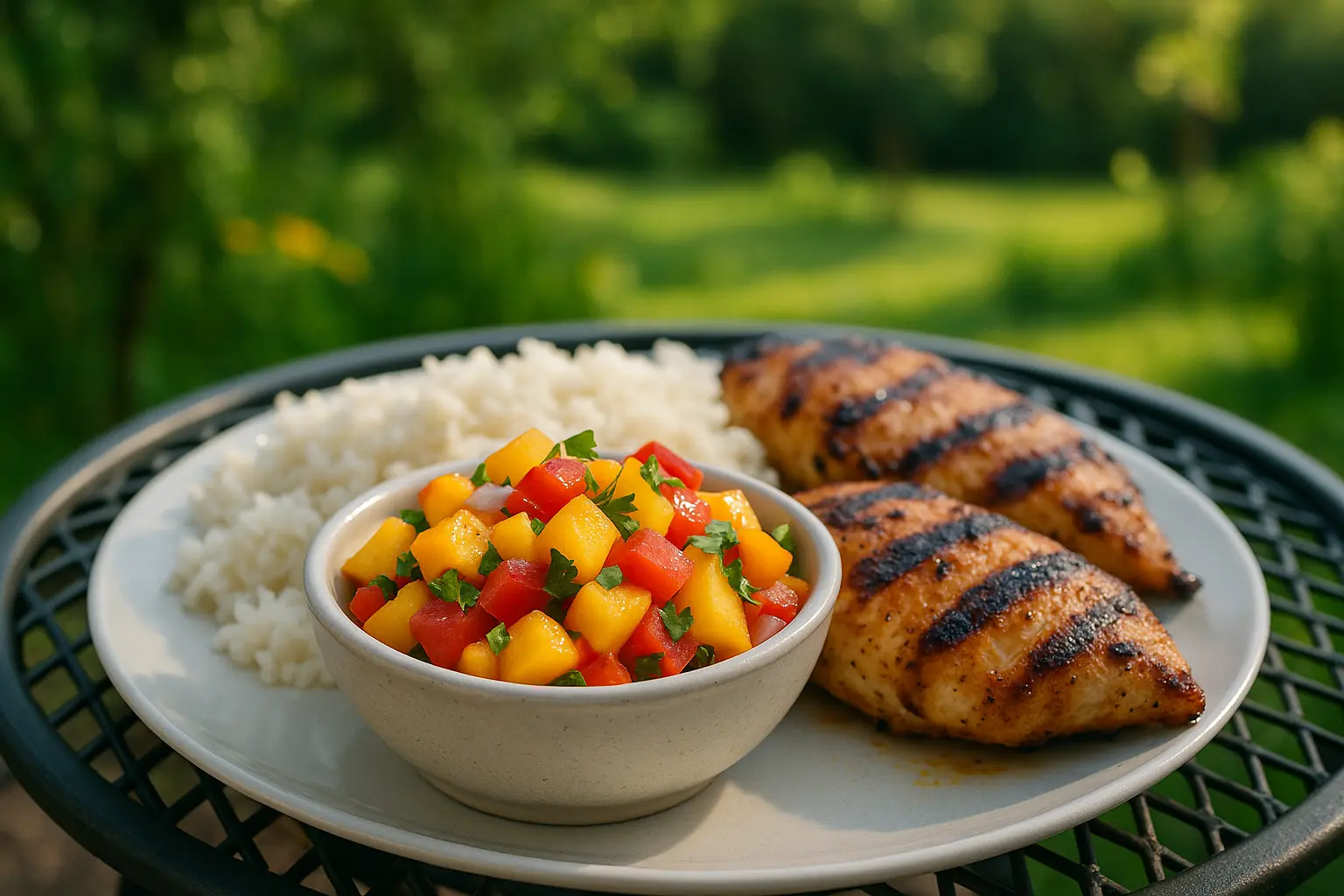  peach salsa served with grilled chicken and rice