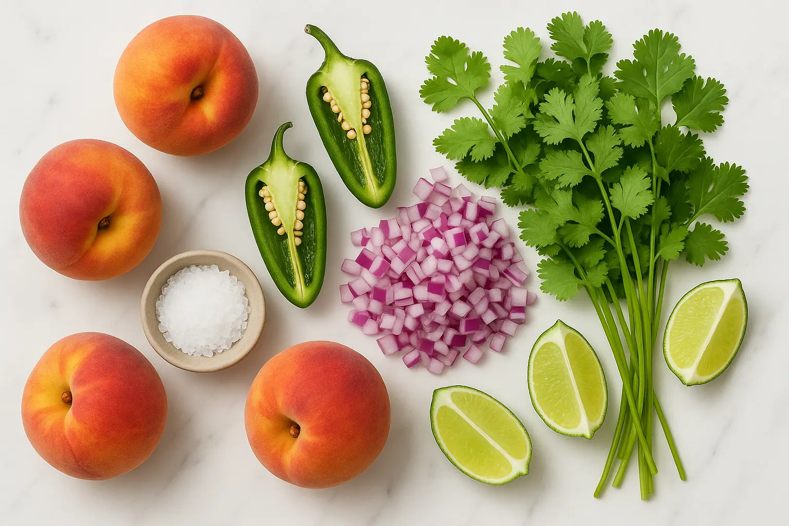 fresh peach salsa ingredients on marble