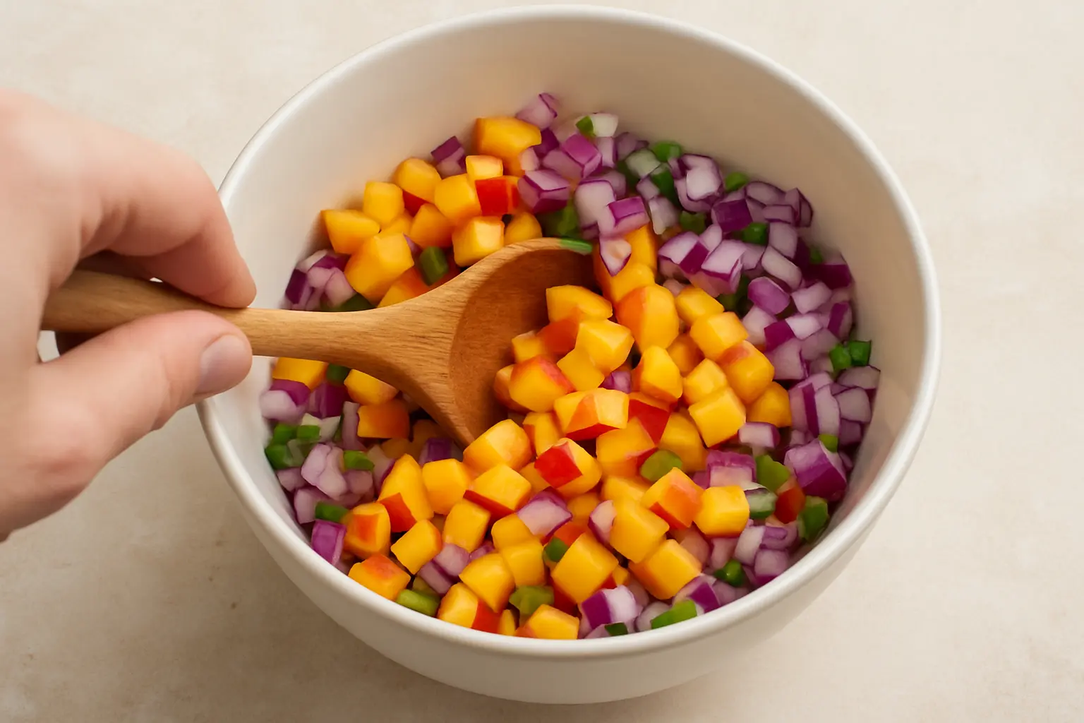  mixing fresh peach salsa ingredients