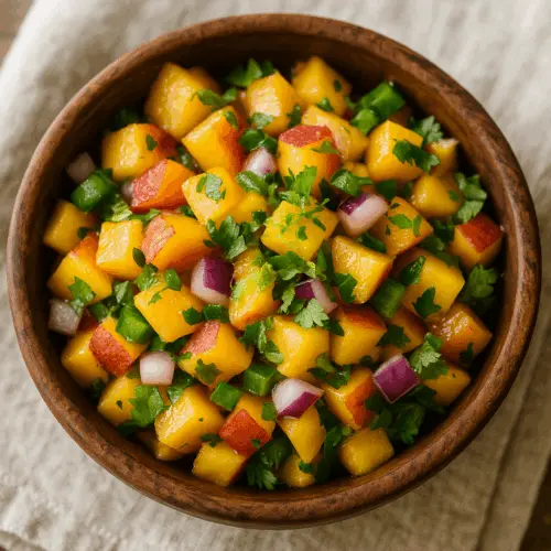 peach salsa recipe card with chips