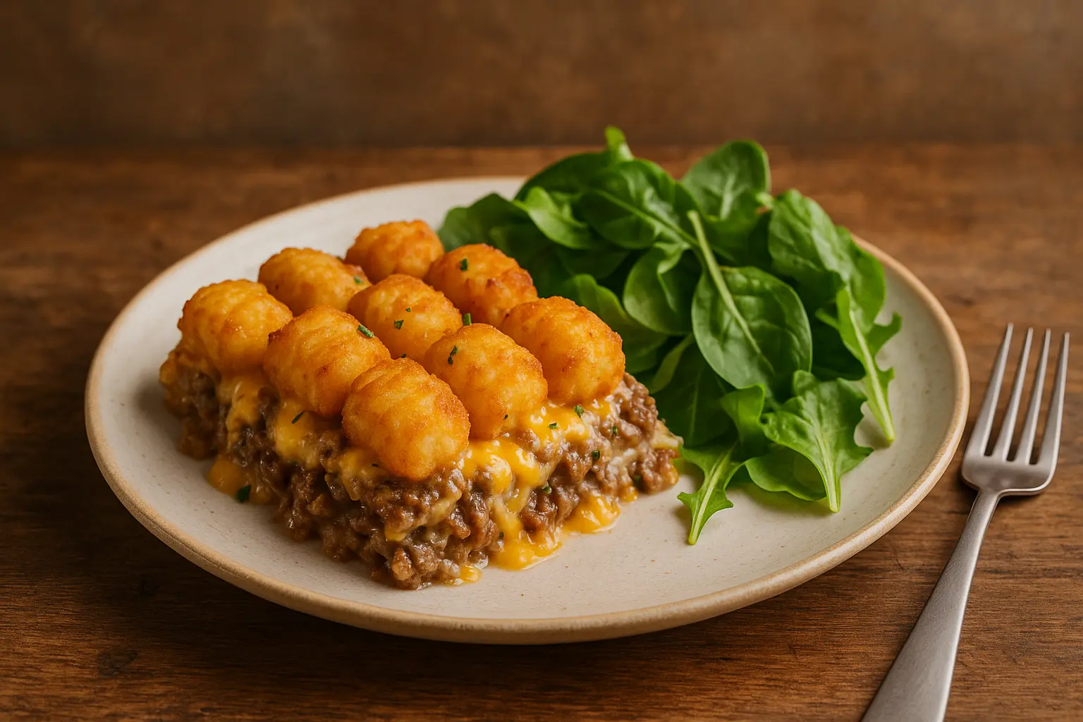 plated-tater-tot-casserole-serving Served portion of tater tot casserole with salad