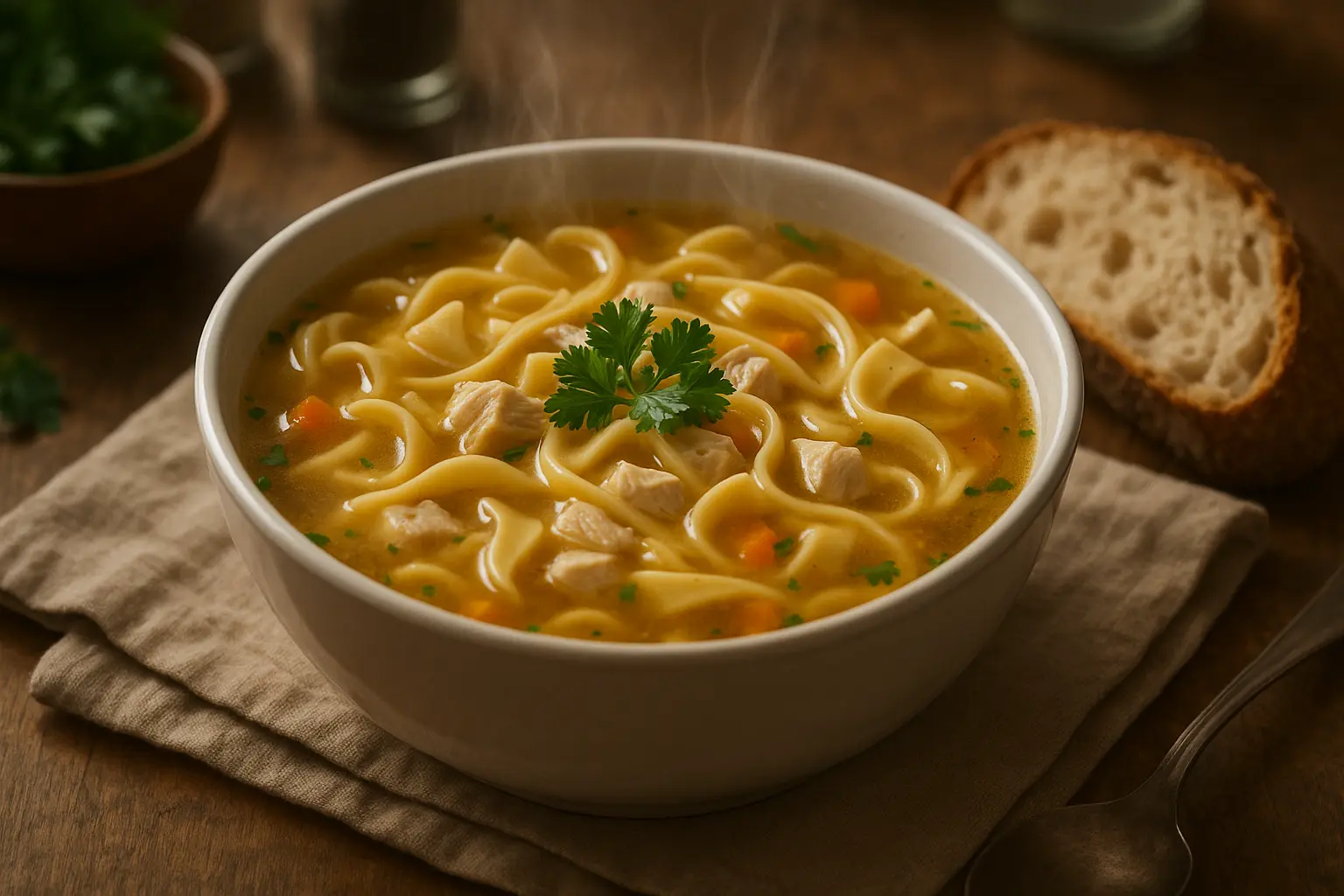 serving-chicken-noodle-soup.jpg serving homemade chicken noodle soup with bread