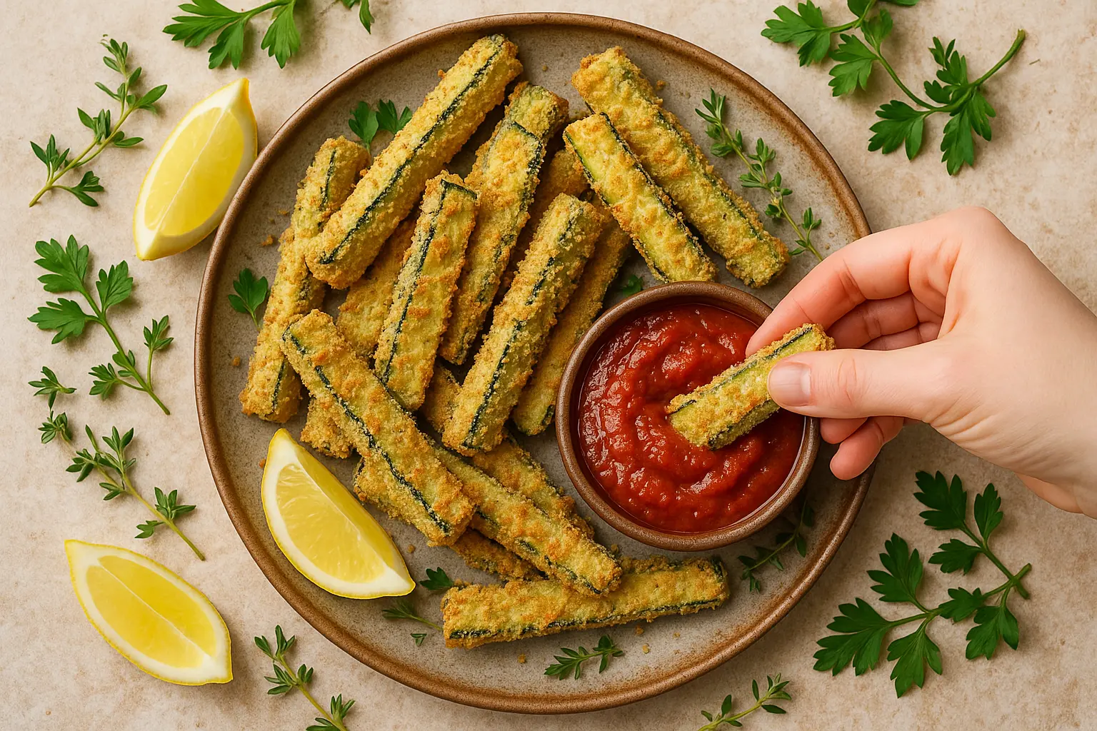 serving-zucchini-fries.jpg Serving zucchini fries with dip