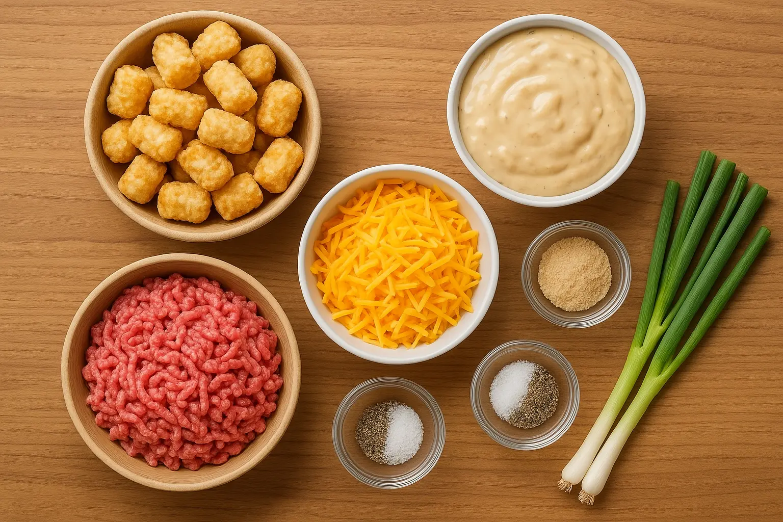 tater-tot-casserole-ingredients-flatlay Ingredients for making tater tot casserole