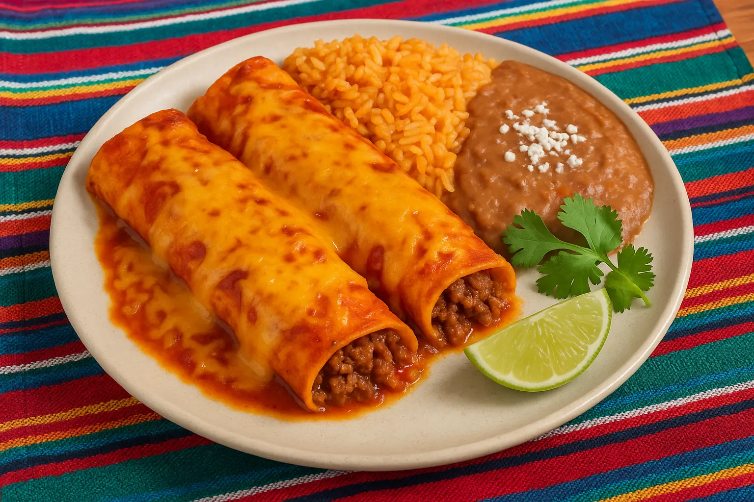 serving-beef-enchiladas.jpg serving cheesy ground beef enchiladas with rice