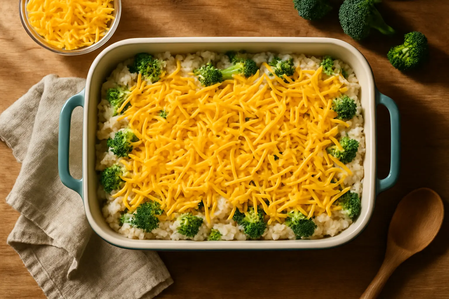 assembling chicken broccoli rice casserole
