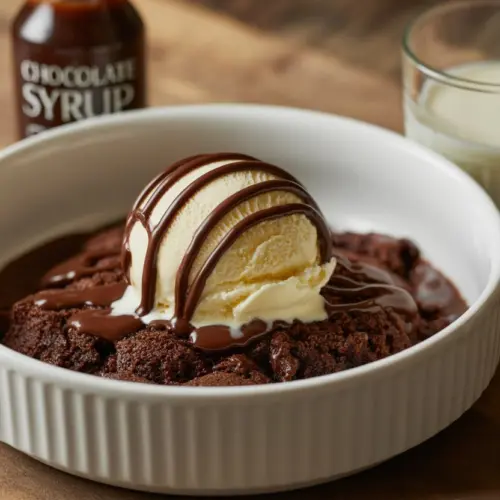 slow cooker chocolate lava cake with vanilla ice cream