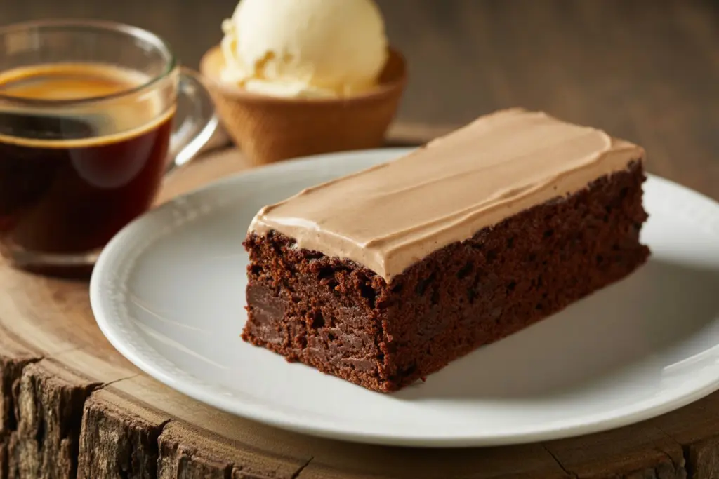 Serving slice of dark chocolate espresso cake	