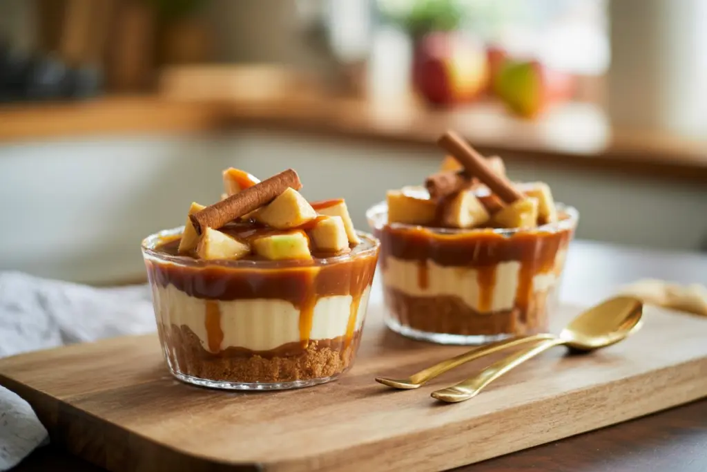 Cheesecake Dessert Cups with Caramel Apple Twist 10 Served cheesecake dessert cups with caramel apple