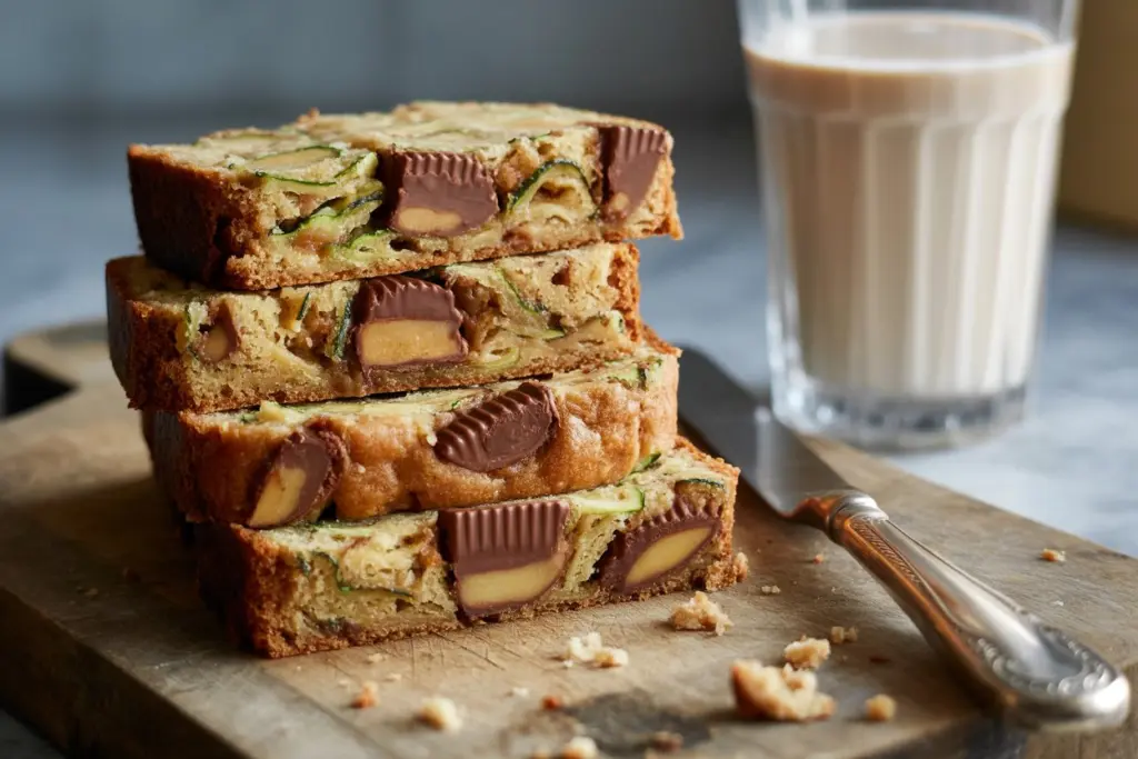 Sliced zucchini bread with peanut butter drizzle