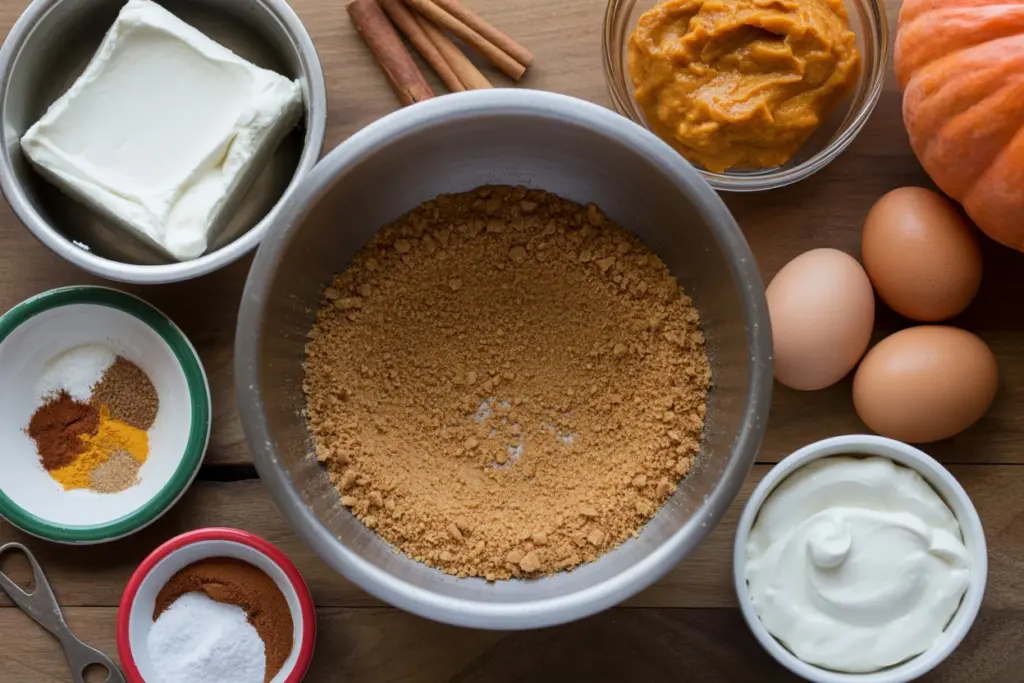 Pumpkin Cheesecake Bars Recipe 5 Pumpkin cheesecake bar ingredients laid out