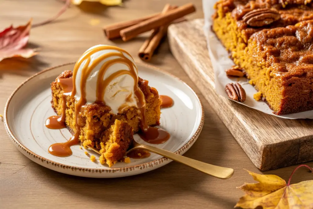 Easy Pumpkin Dump Cake Recipe 8 Slice of pumpkin dump cake served warm with toppings