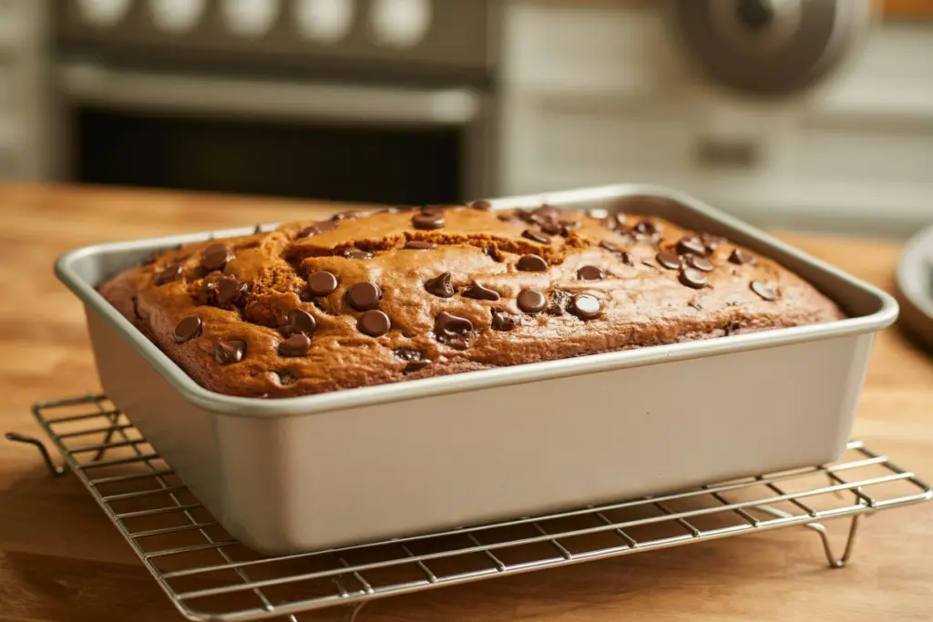 Freshly baked chocolate chip pumpkin cake cooling in pan