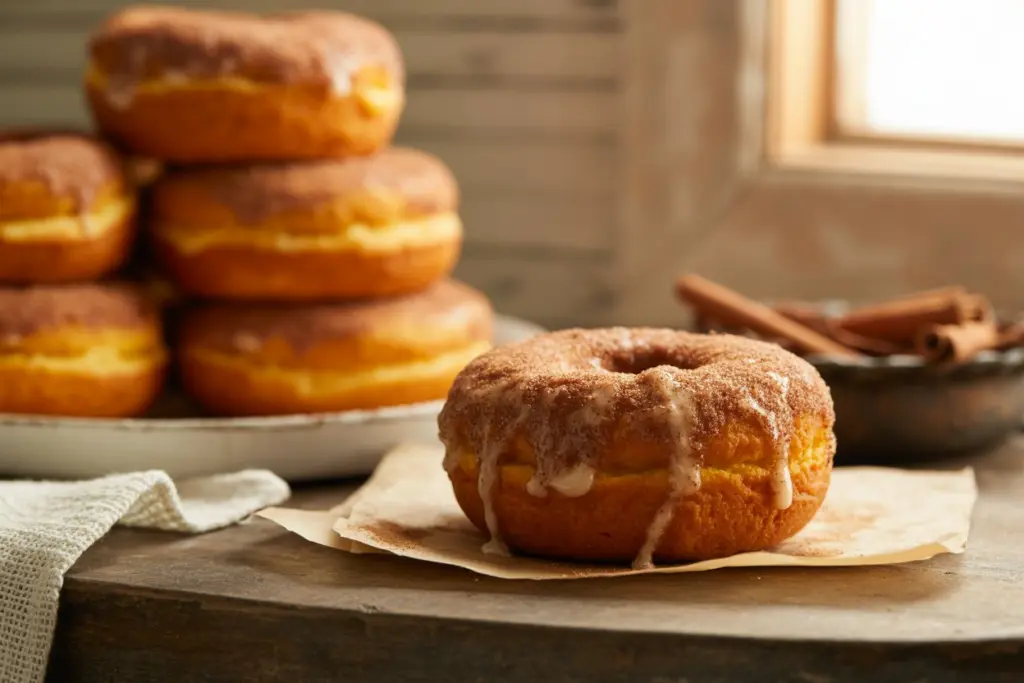 A freshly baked donut being dipped into melted butter