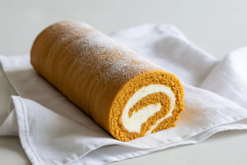 Easy Pumpkin Roll Recipe 17 Rolling a baked pumpkin roll in towel with powdered sugar