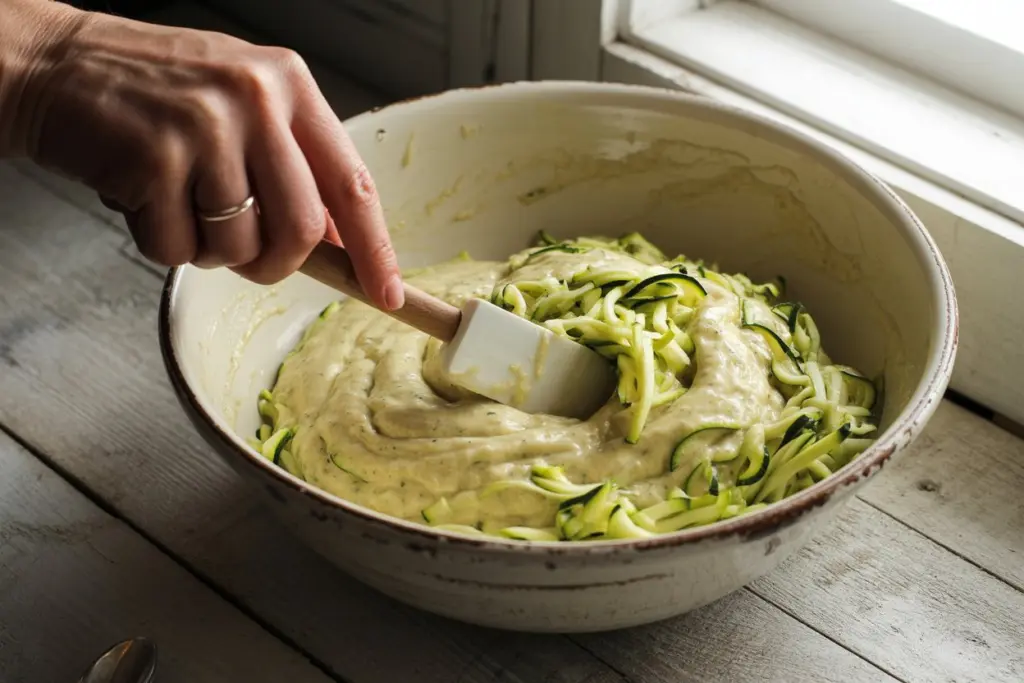 Mixing zucchini into chocolate quick bread batter