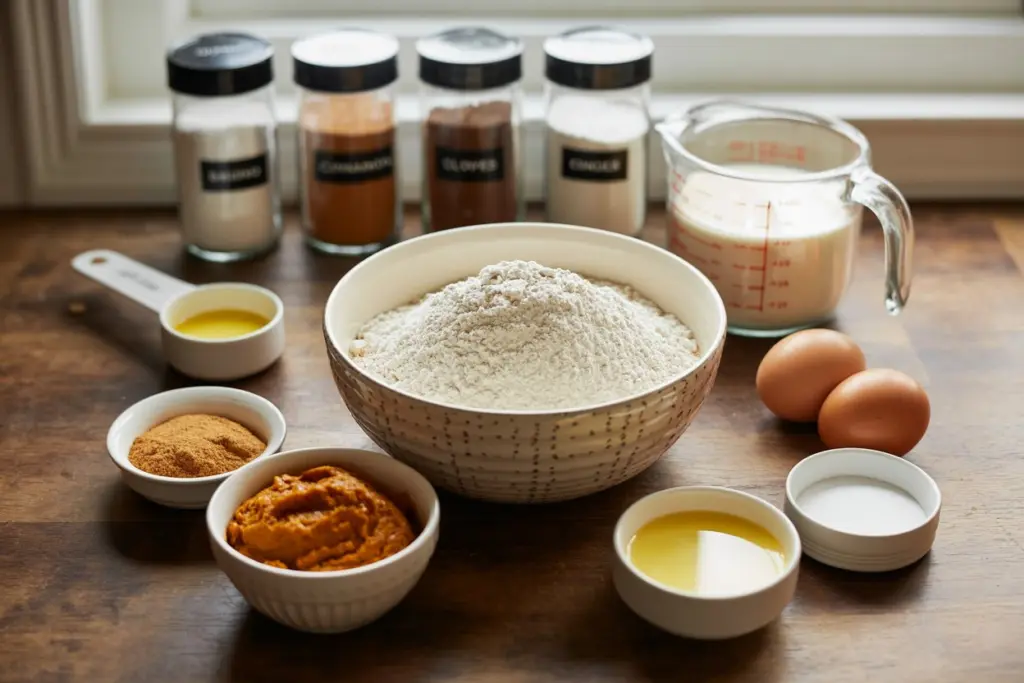 Pumpkin muffins ingredients laid out on counter