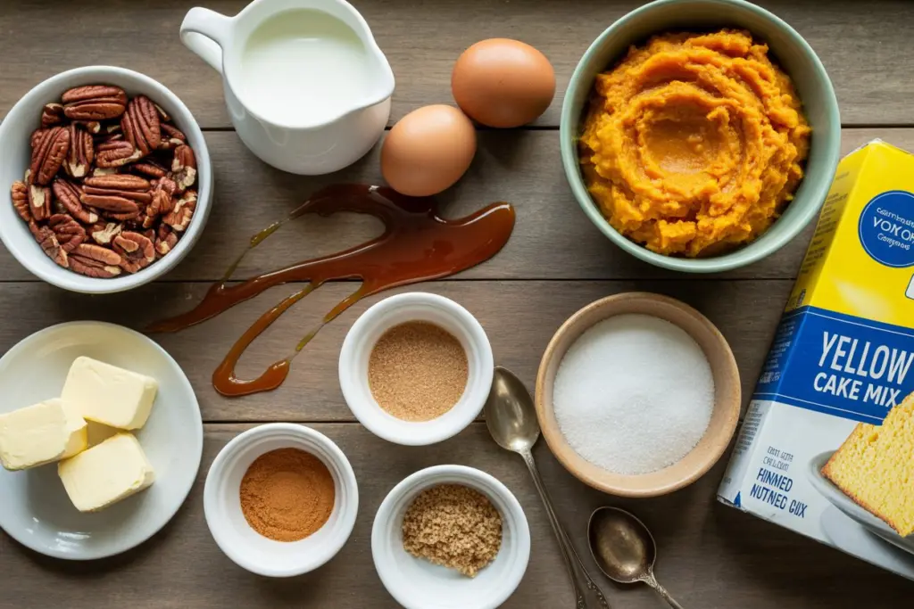 Easy Pumpkin Dump Cake Recipe 4 Ingredients laid out for pumpkin dump cake