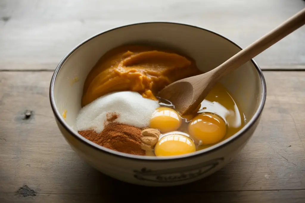 Easy Pumpkin Dump Cake Recipe 5 Mixing pumpkin filling ingredients in a bowl