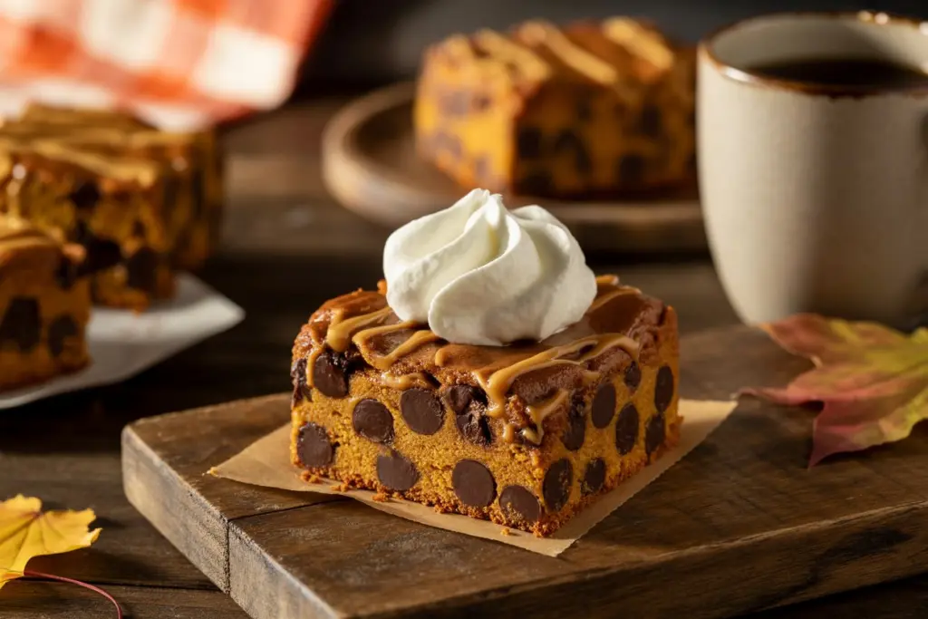 Slice of chocolate chip pumpkin cake with whipped cream and caramel