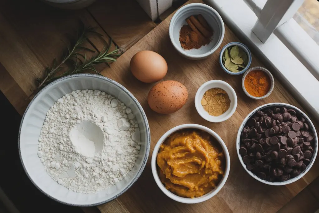Ingredients for chocolate chip pumpkin cake