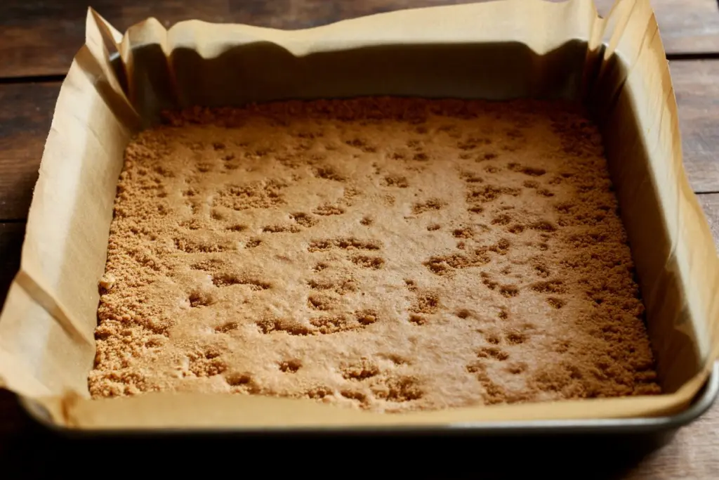 Pumpkin Cheesecake Bars Recipe 6 graham cracker crumbs being meticulously pressed into a 9x13-inch baking pan
