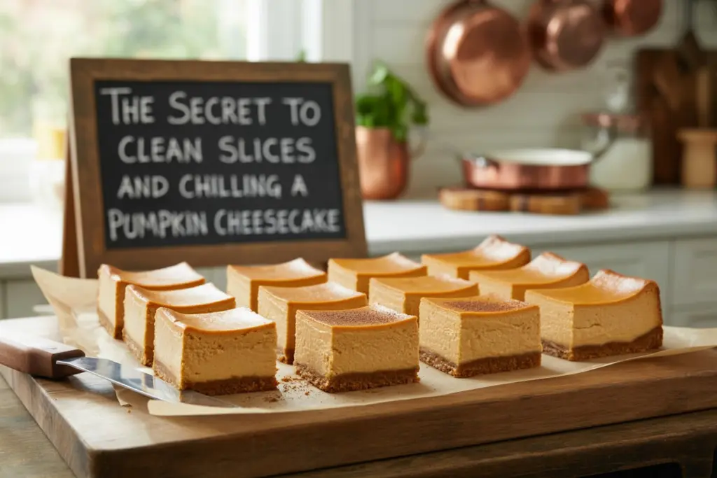 Pumpkin Cheesecake Bars Recipe 8 Sliced and Chilling a Pumpkin cheesecake