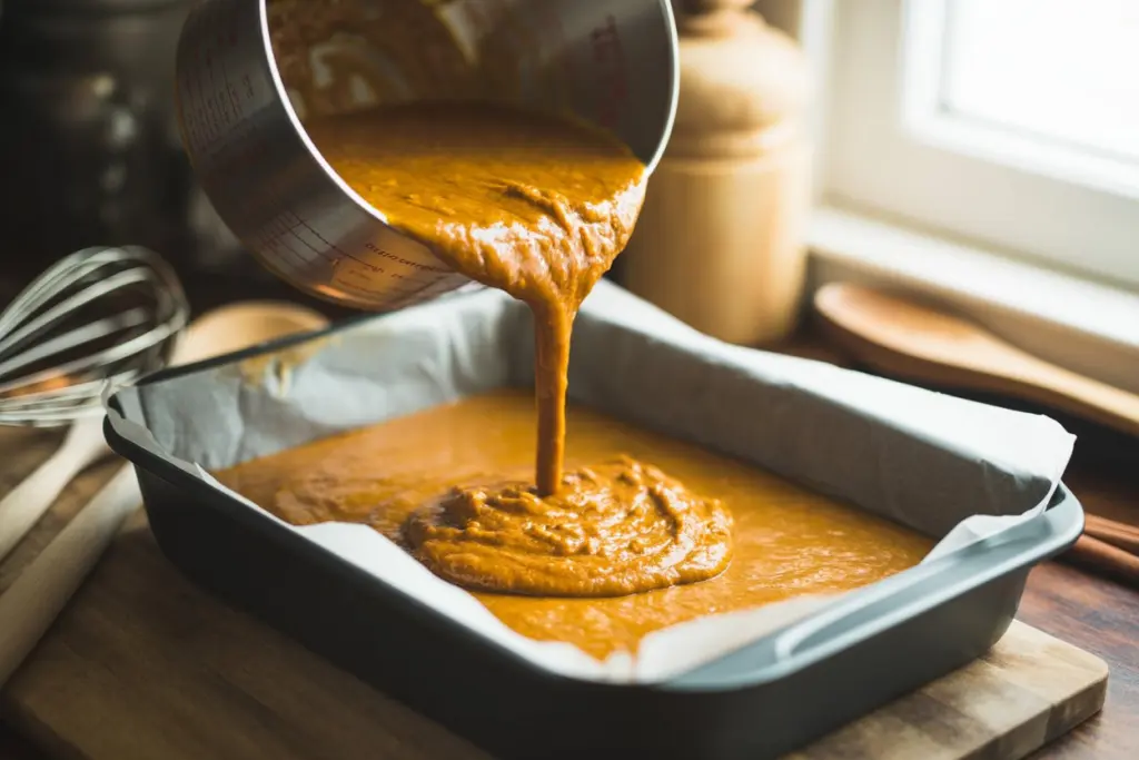 Easy Pumpkin Dump Cake Recipe 6 Pouring pumpkin mixture into a baking dish