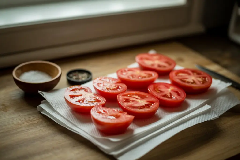 Tomato slices drying on paper towels