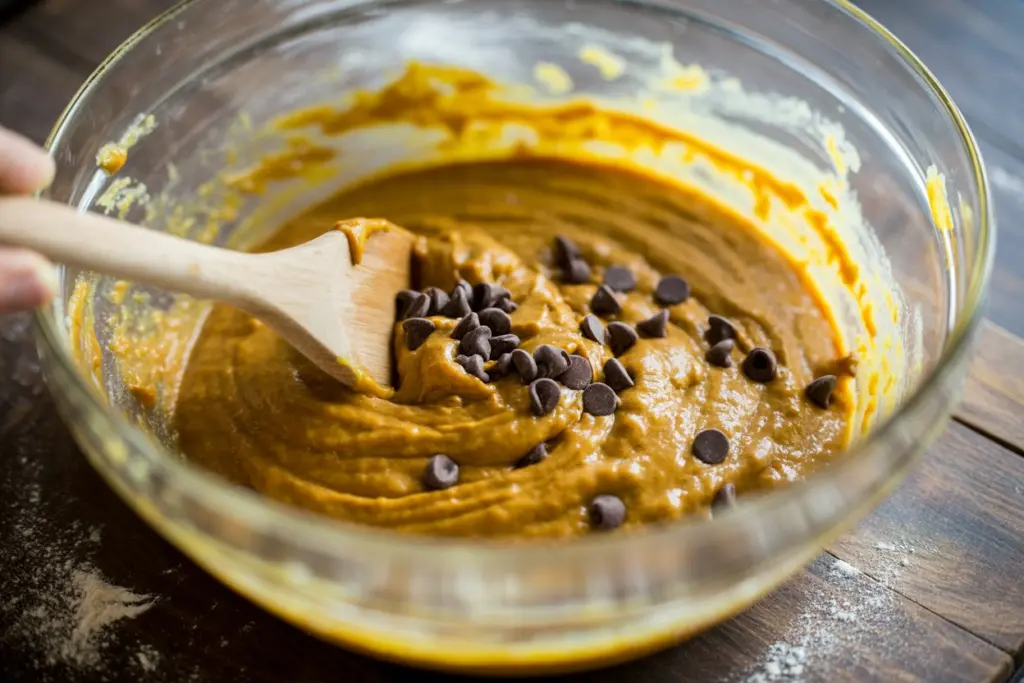 Mixing chocolate chip pumpkin cake batter in glass bowl