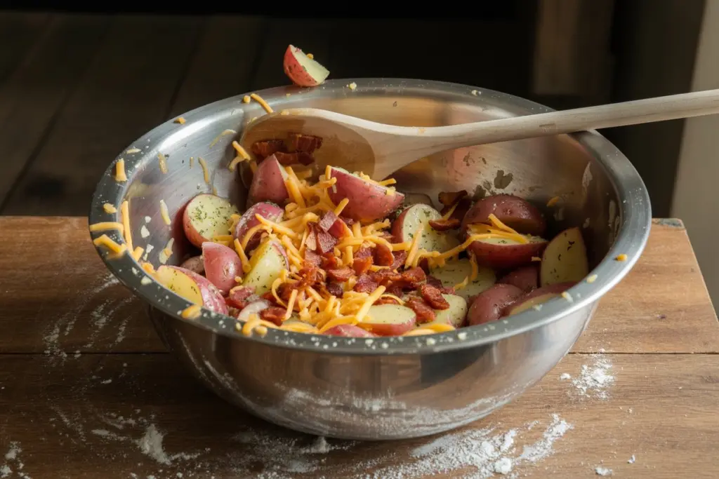 Tossing seasoned cheesy ranch potatoes