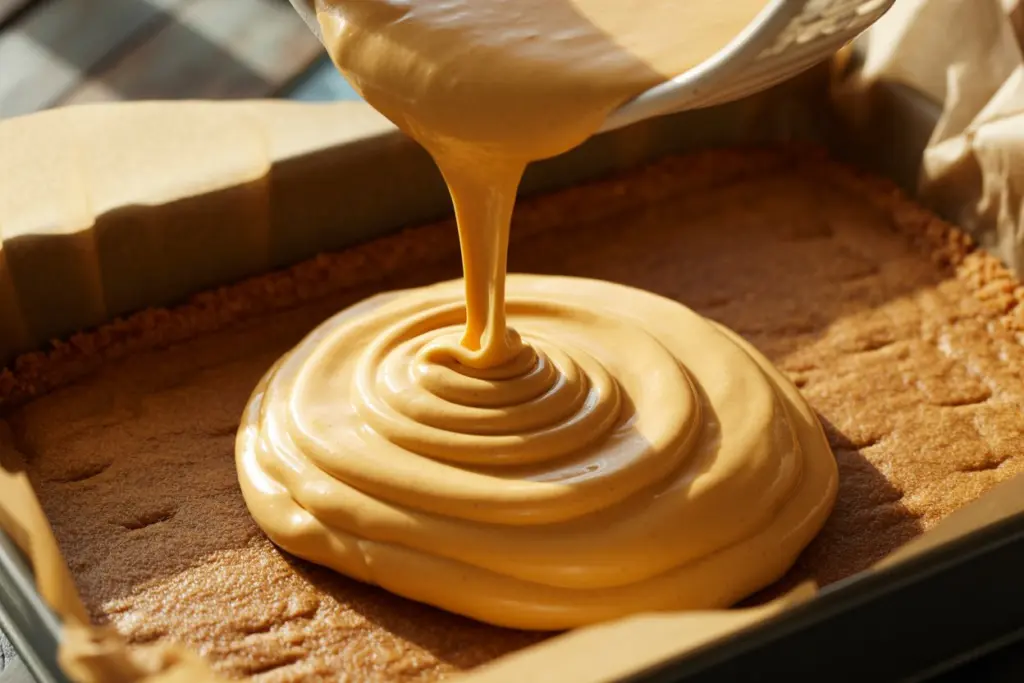 Pumpkin Cheesecake Bars Recipe 7 Pouring pumpkin cheesecake layers into baking pan