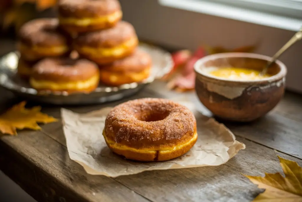 A baked donuts rolled in cinnamon sugar