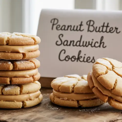 Homemade peanut butter sandwich cookies with creamy peanut butter filling
