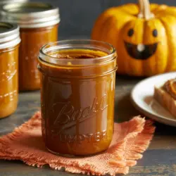 Crockpot pumpkin butter in a jar on rustic table