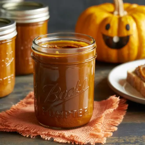 Crockpot pumpkin butter in a jar on rustic table