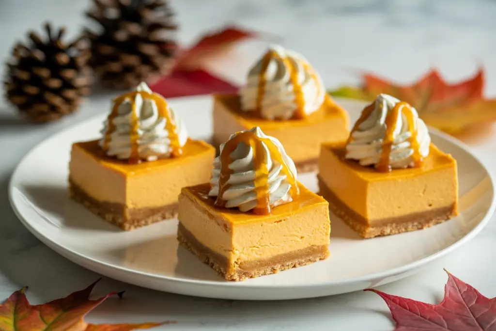 Pumpkin Cheesecake Bars Recipe 9 Pumpkin cheesecake bars served with whipped cream