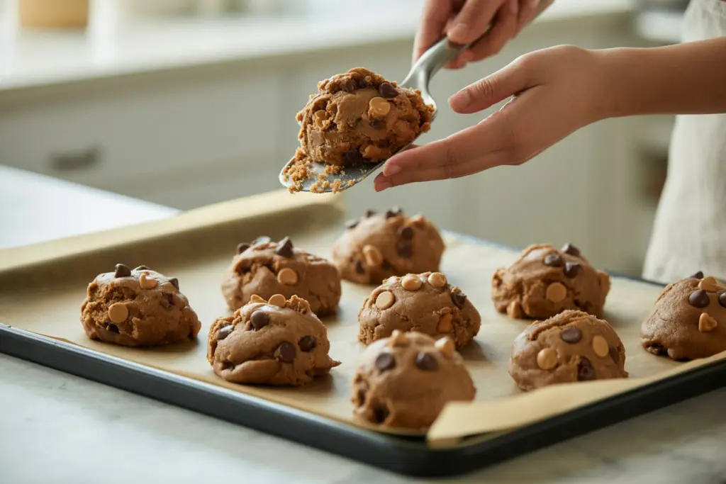 Scooping Peanut Butter Banana Cookies Dough onto Tray