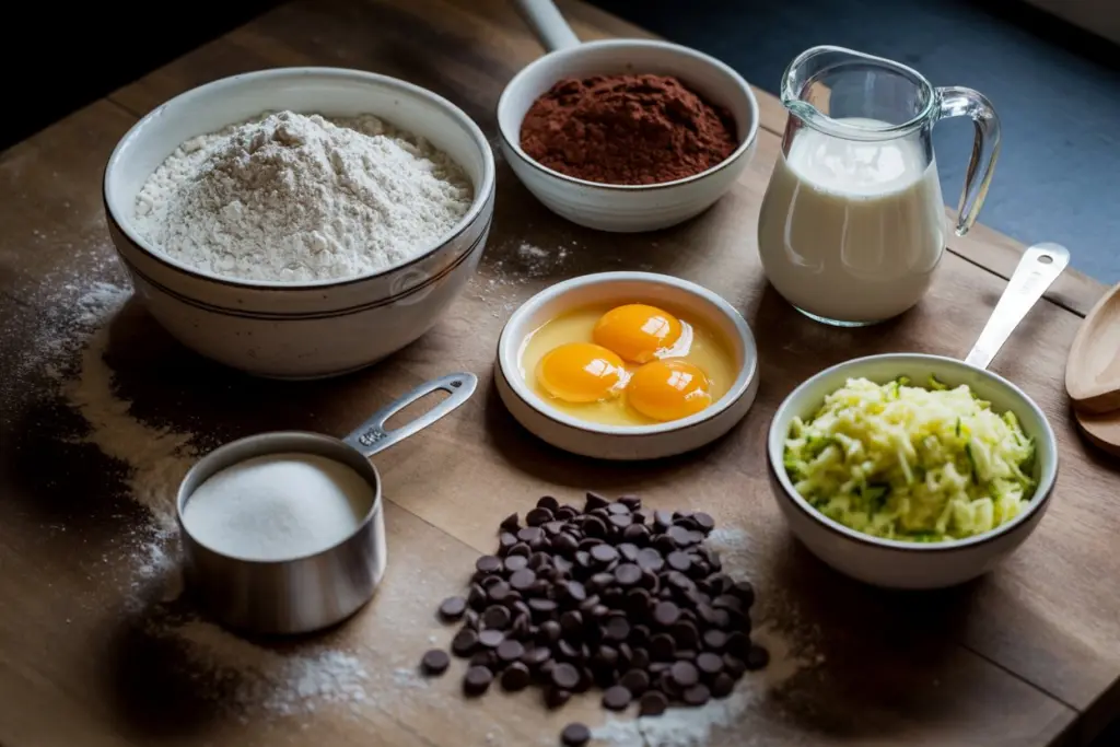 Ingredients for chocolate zucchini cake recipe