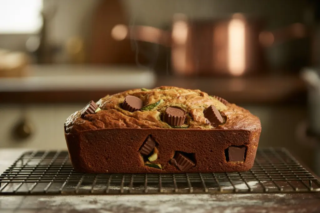 Chocolate zucchini loaf cooling on rack